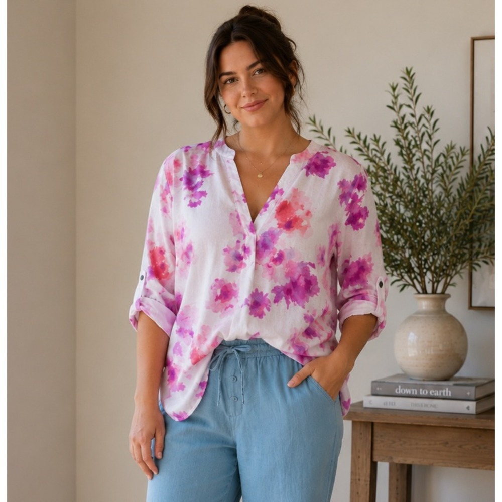 Floral & Ivy Blouse Women Large Pink Watercolor Floral V-Neck Roll Tab Sleeve